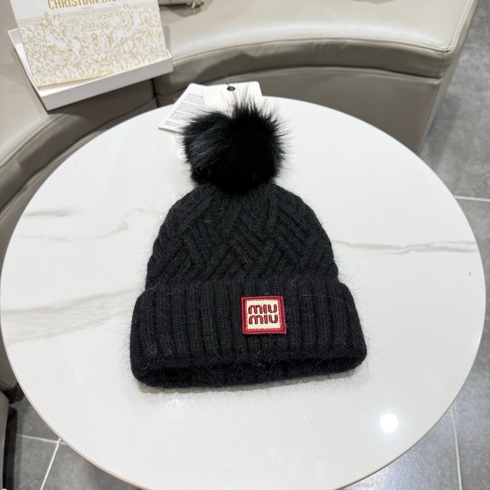 Miu Miu Black Knit Pom-Pom Beanie with Red Logo Patch